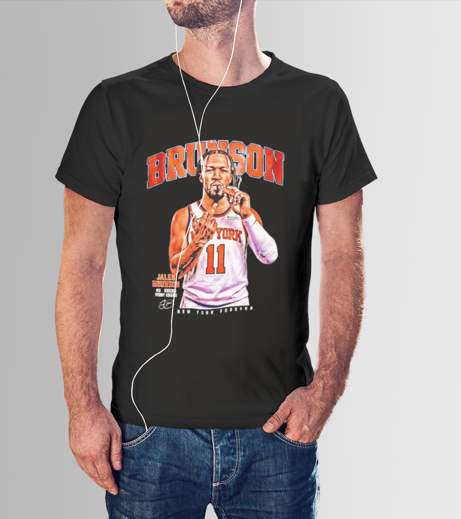 Jalen Brunson Middle Finger New York Knicks NBA Point Guard Brunson 11 Old Yolk Records Knicks T-Shirt