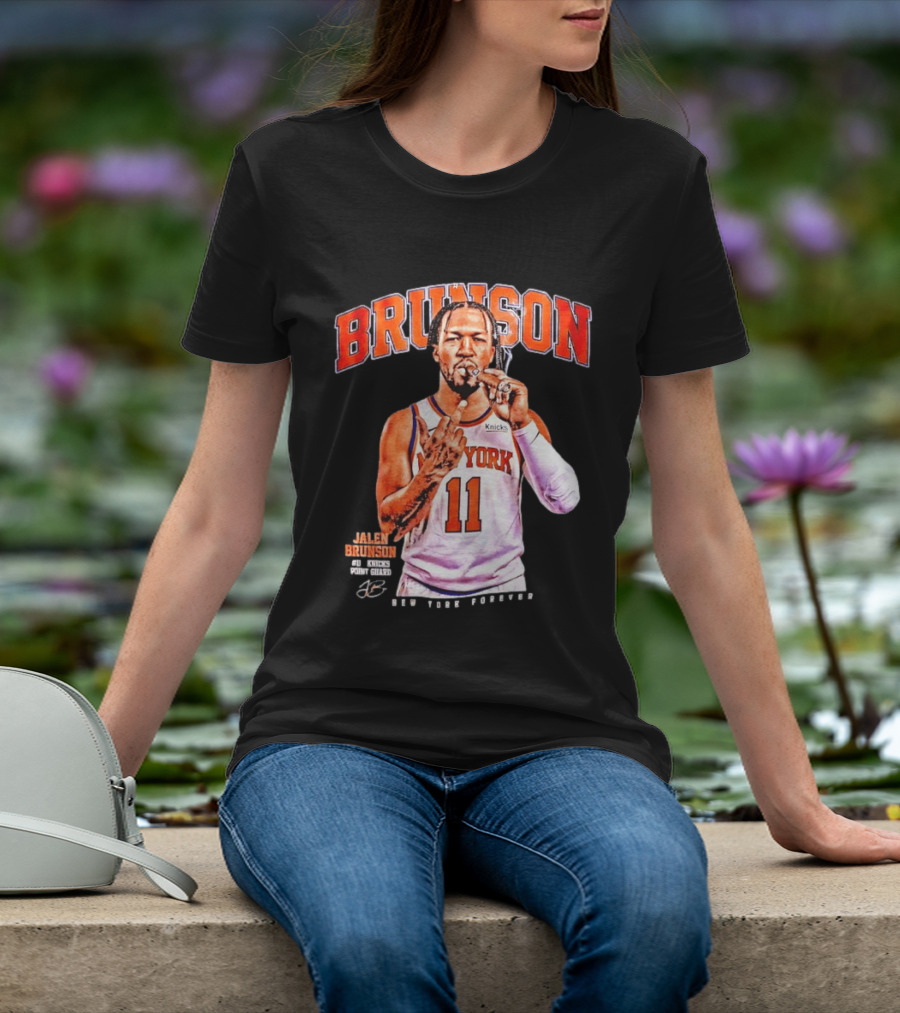 Jalen Brunson Middle Finger New York Knicks NBA Point Guard Brunson 11 Old Yolk Records Knicks T-Shirt
