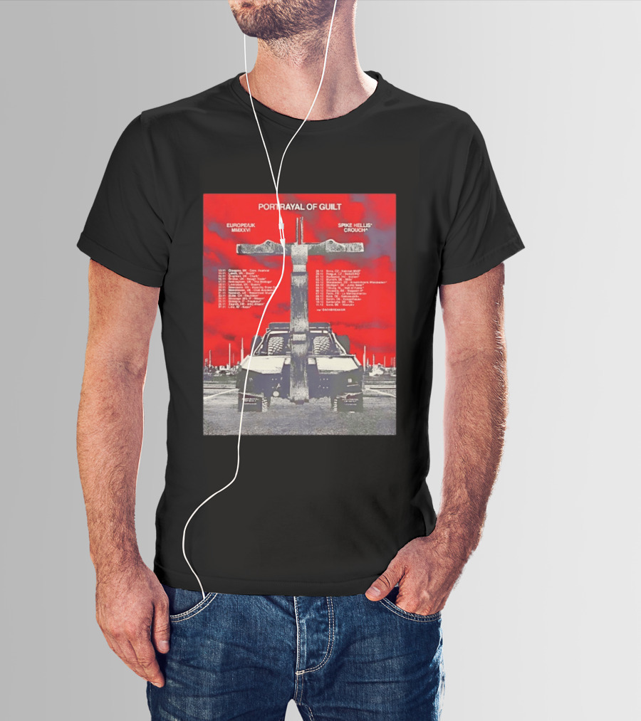 Portrayal Of Guilt Europe UK MMXXVI Spike Hellis Crouch Oathbreaker Tour Dates Tire Tracks Industrial Red T-Shirt