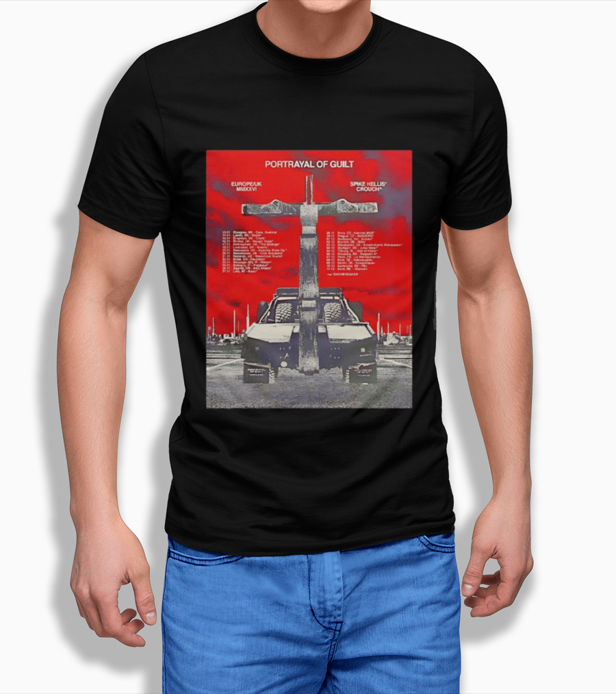 Portrayal Of Guilt Europe UK MMXXVI Spike Hellis Crouch Oathbreaker Tour Dates Tire Tracks Industrial Red T-Shirt