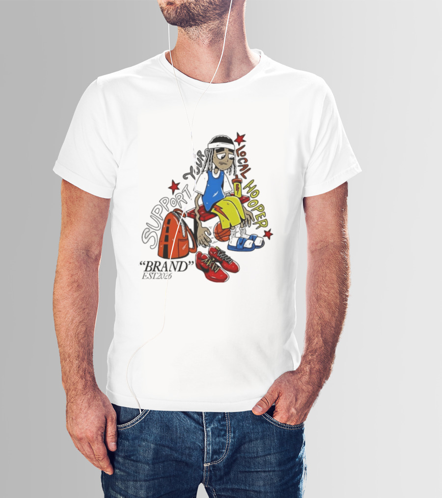 Support Your Local Hooper Cartoon Basketball Player Backpack Red Shoes Brand Est 2026 T-Shirt