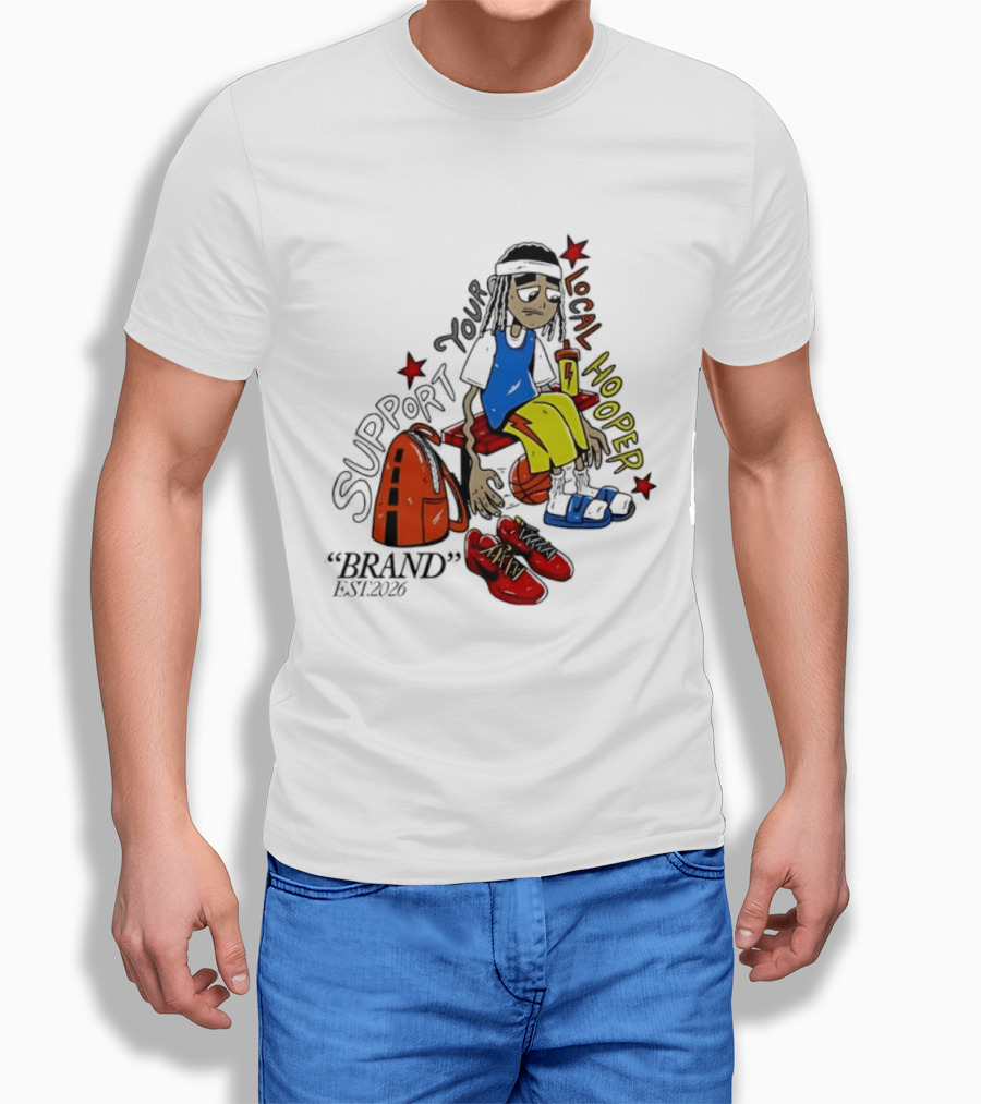 Support Your Local Hooper Cartoon Basketball Player Backpack Red Shoes Brand Est 2026 T-Shirt
