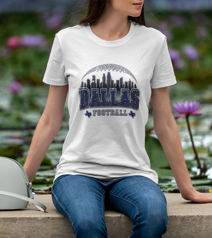 Dallas Football Skyline Rhinestone Texas Cityscape T-Shirt