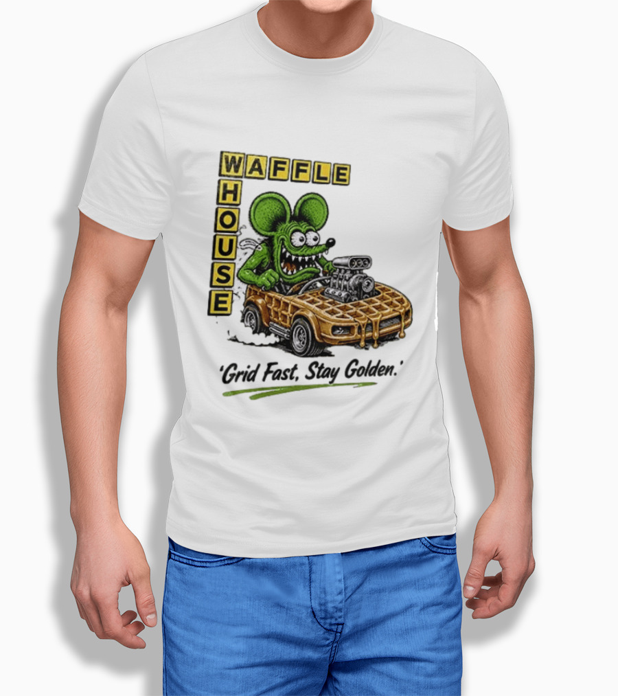 Rat Fink Waffle House Grid Fast Stay Golden Car Racer T-Shirt