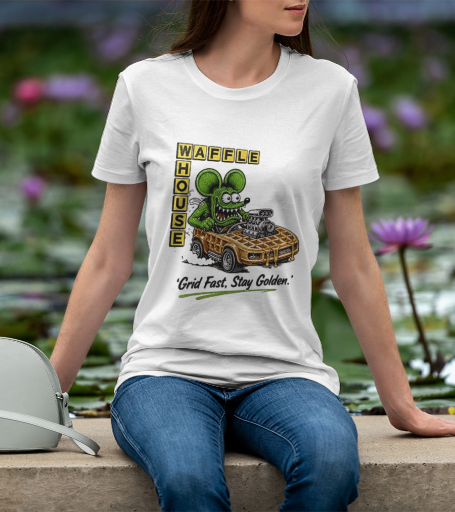 Rat Fink Waffle House Grid Fast Stay Golden Car Racer T-Shirt