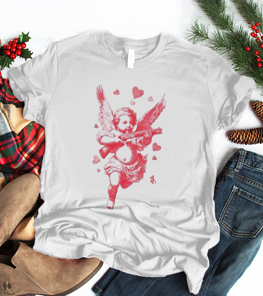 Red Pink Cherub Cupid Shotgun Hearts Clouds T-Shirt