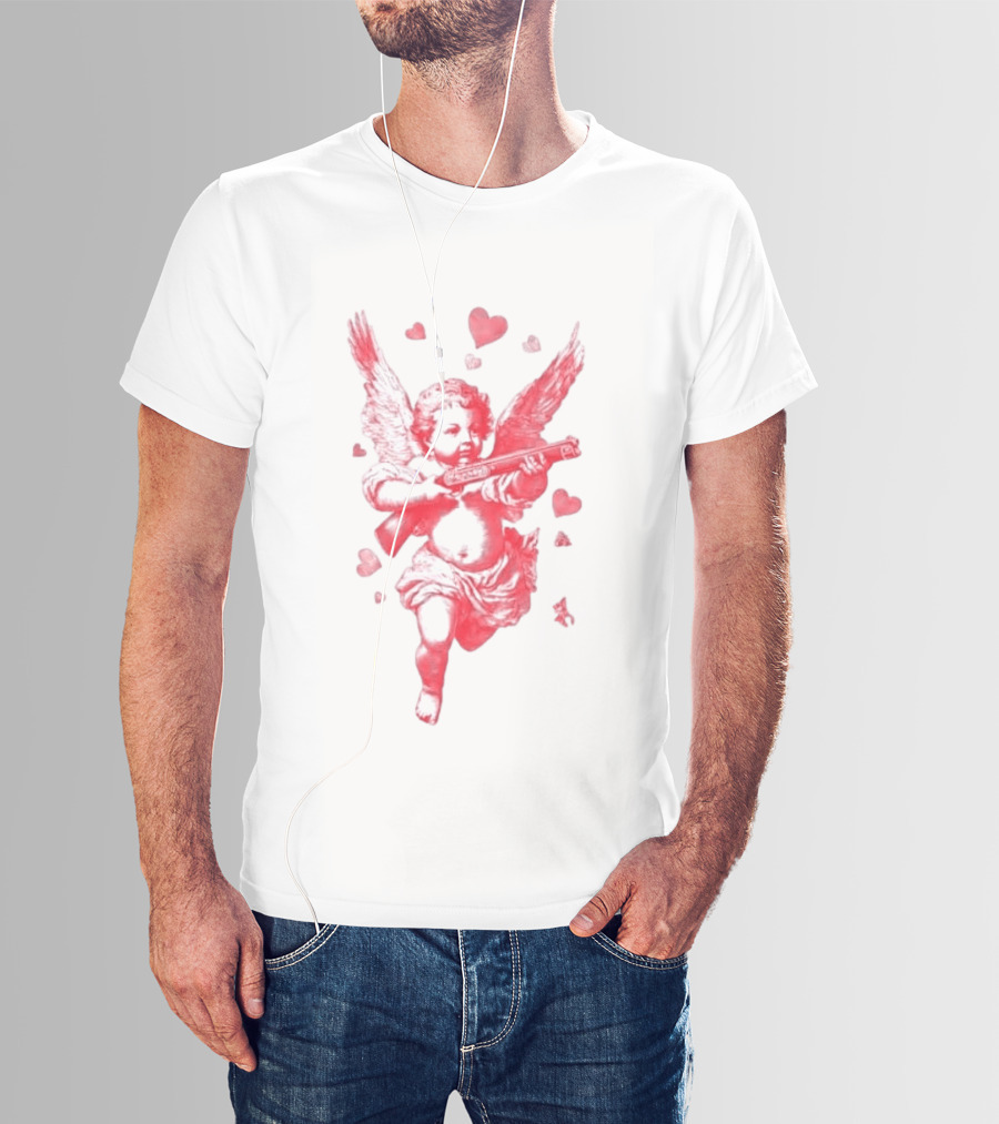 Red Pink Cherub Cupid Shotgun Hearts Clouds T-Shirt