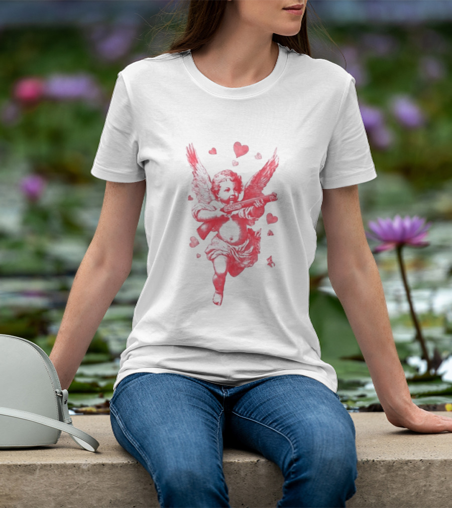 Red Pink Cherub Cupid Shotgun Hearts Clouds T-Shirt