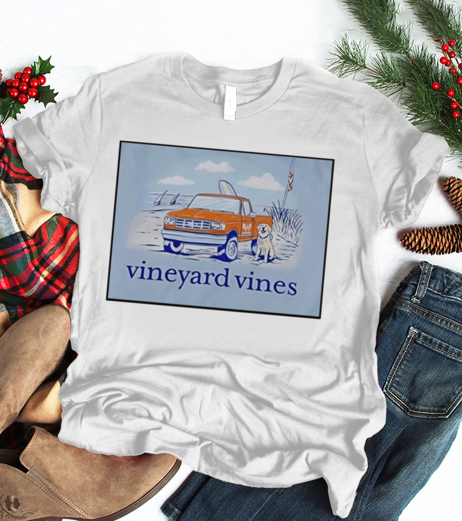 Vineyard Vines Beach Dog And Surf Truck Scene With Golden Retriever T-Shirt