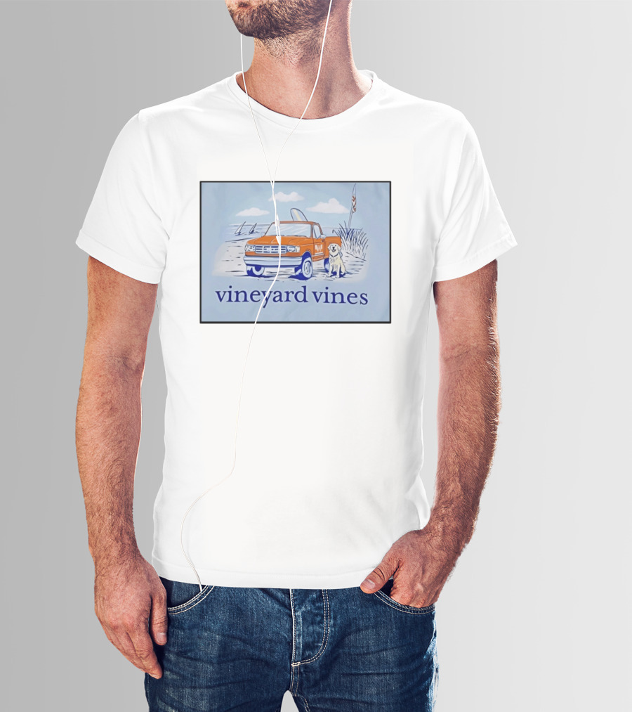 Vineyard Vines Beach Dog And Surf Truck Scene With Golden Retriever T-Shirt