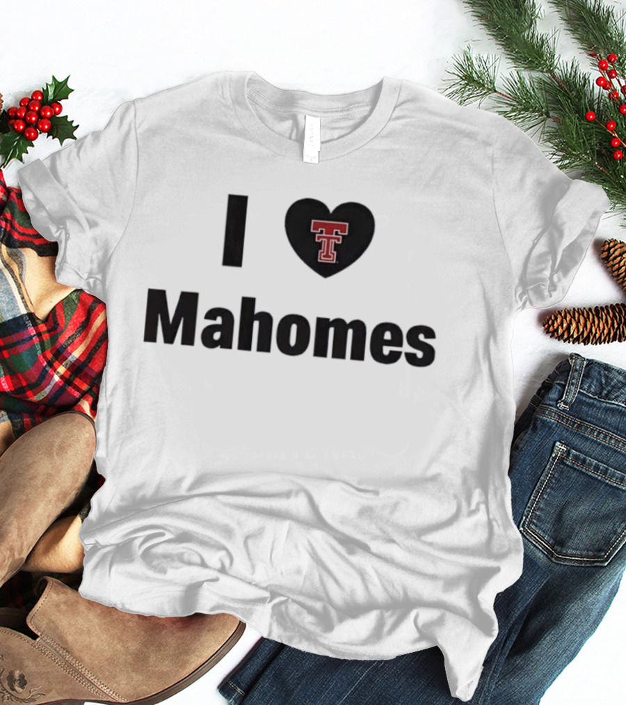 Texas Tech Red Raiders I Love Mahomes Double Heart Black T-Shirt