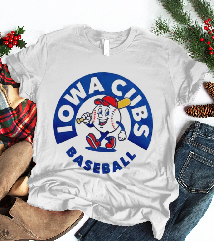Iowa Cubs MLB Baseball Cartoon Walking Ball Bat Red Cap T-Shirt