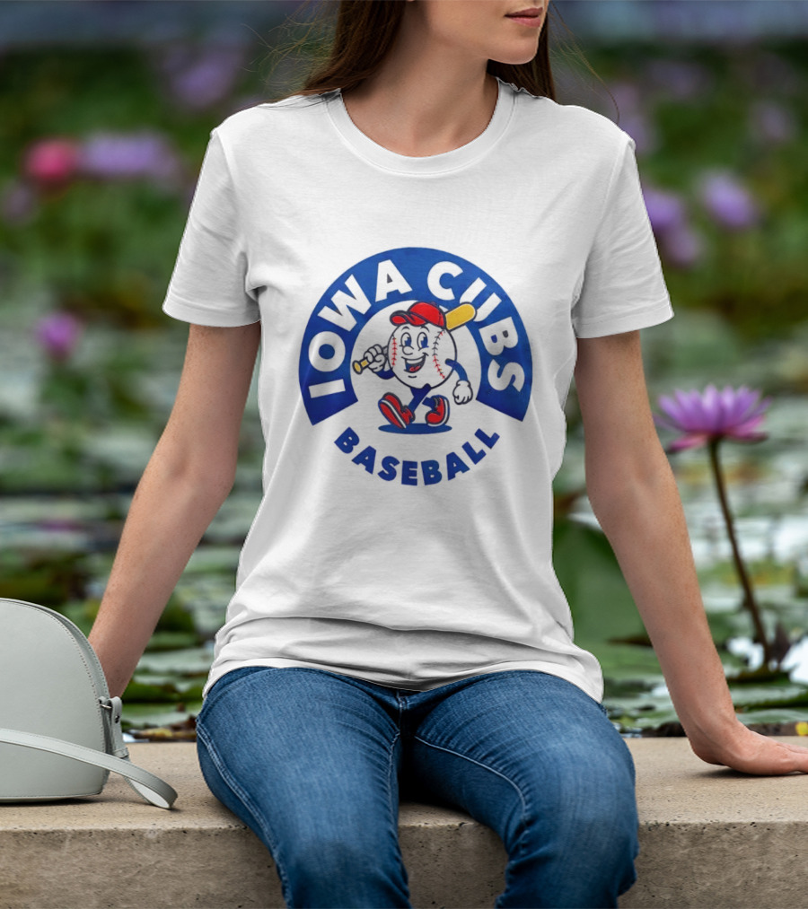 Iowa Cubs MLB Baseball Cartoon Walking Ball Bat Red Cap T-Shirt