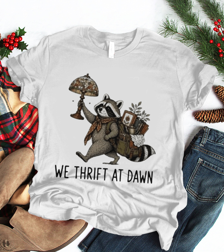 Raccoon With Backpack And Lamp We Thrift At Dawn T-Shirt