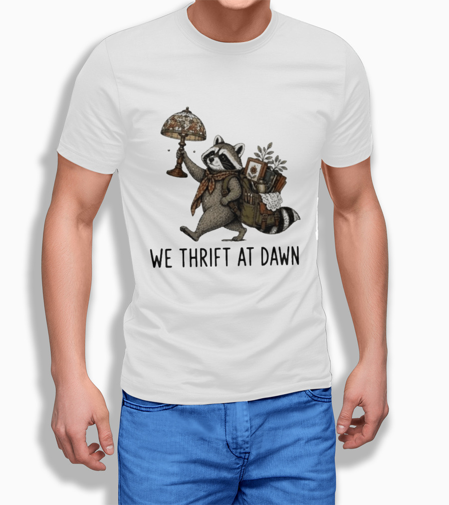 Raccoon With Backpack And Lamp We Thrift At Dawn T-Shirt