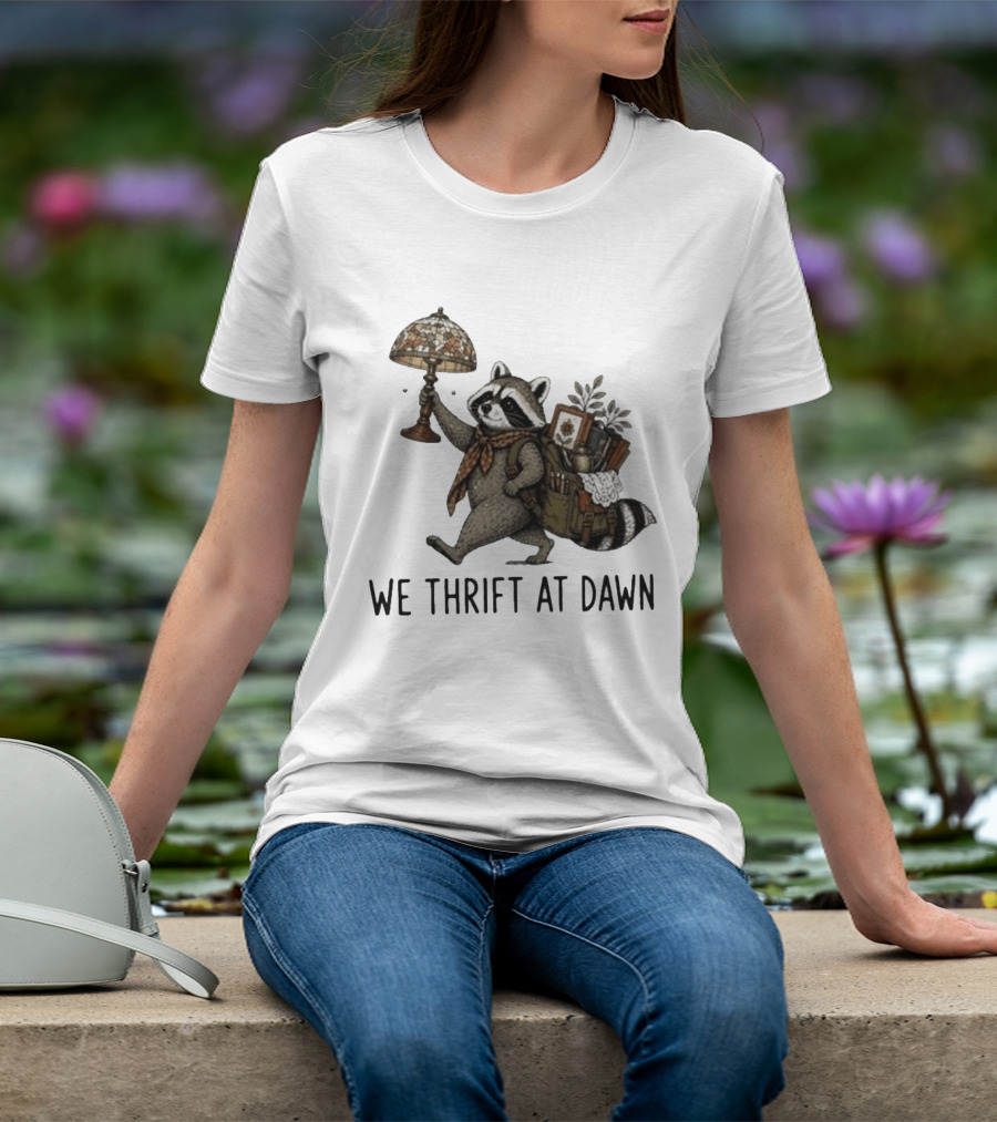 Raccoon With Backpack And Lamp We Thrift At Dawn T-Shirt