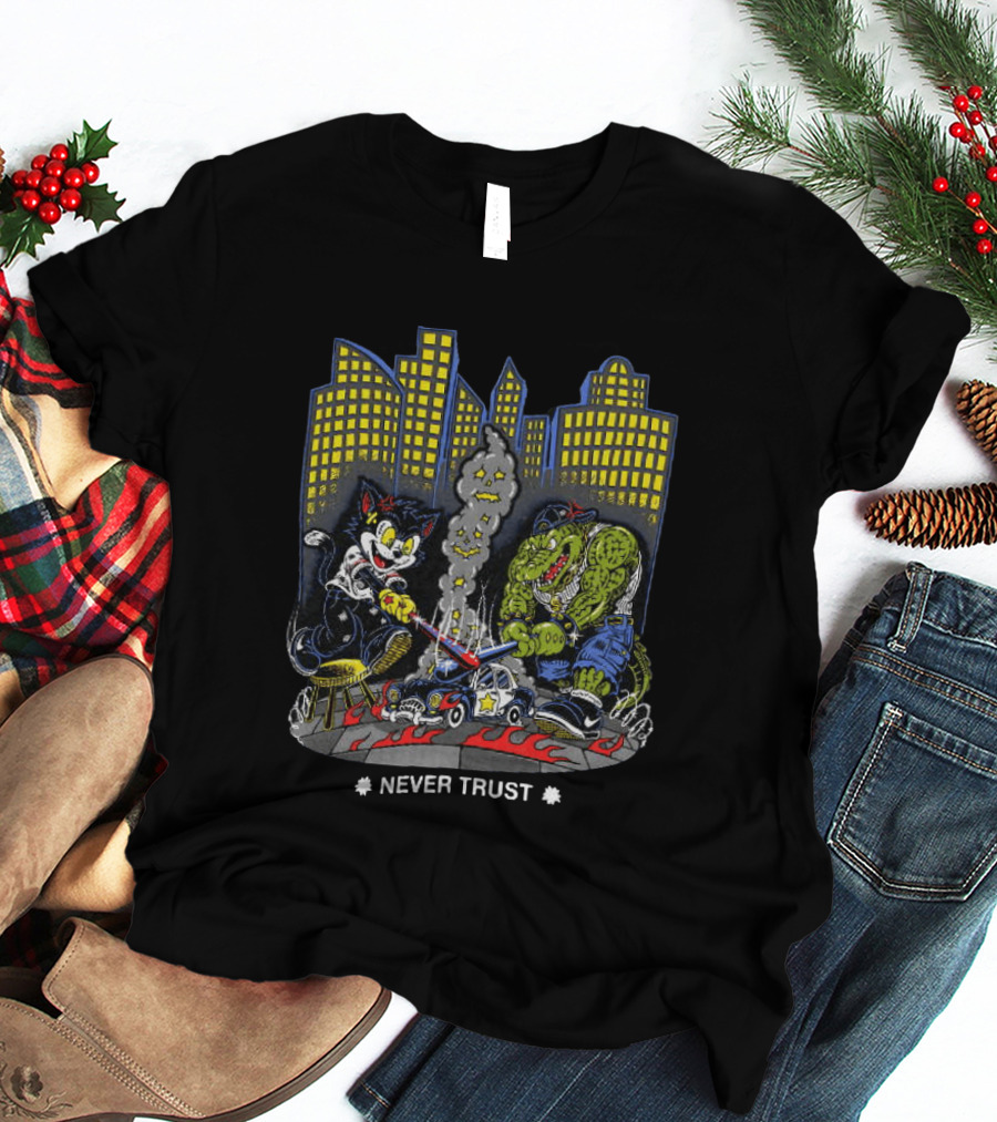 Cat And Crocodile In City Never Trust Police Car Cartoon Scene T-Shirt