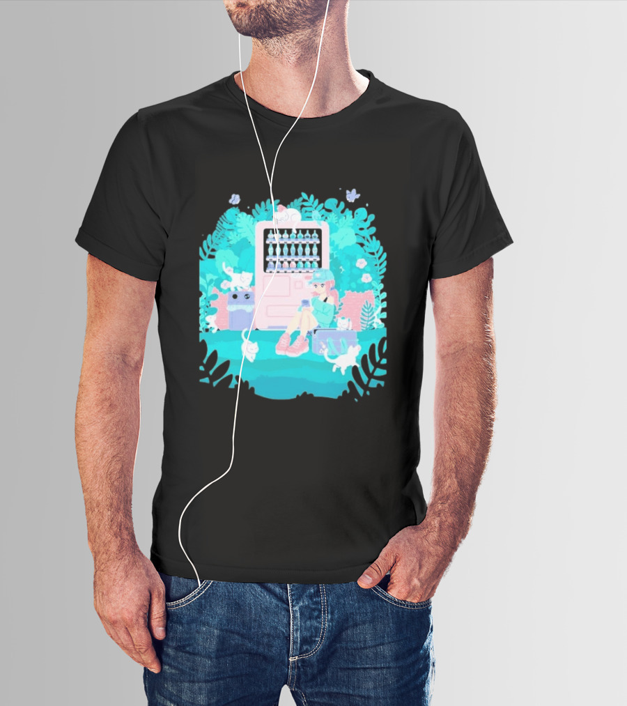 Cat Vending Machine Pastel Aesthetic With Sitting Girl And Cats T-Shirt