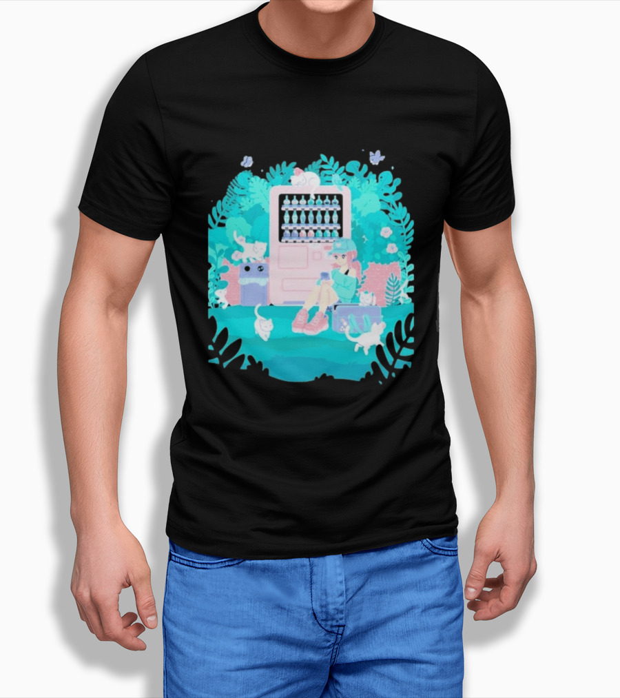 Cat Vending Machine Pastel Aesthetic With Sitting Girl And Cats T-Shirt