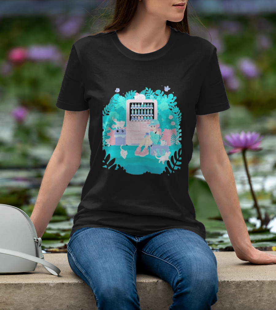 Cat Vending Machine Pastel Aesthetic With Sitting Girl And Cats T-Shirt