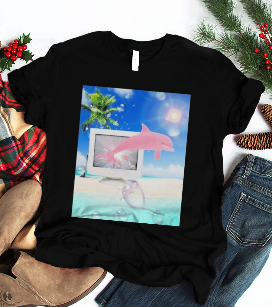 Frutiger Aero Y2k Vaporwave Palm Tree Pink Dolphin Cyberpunk Aesthetic T-Shirt