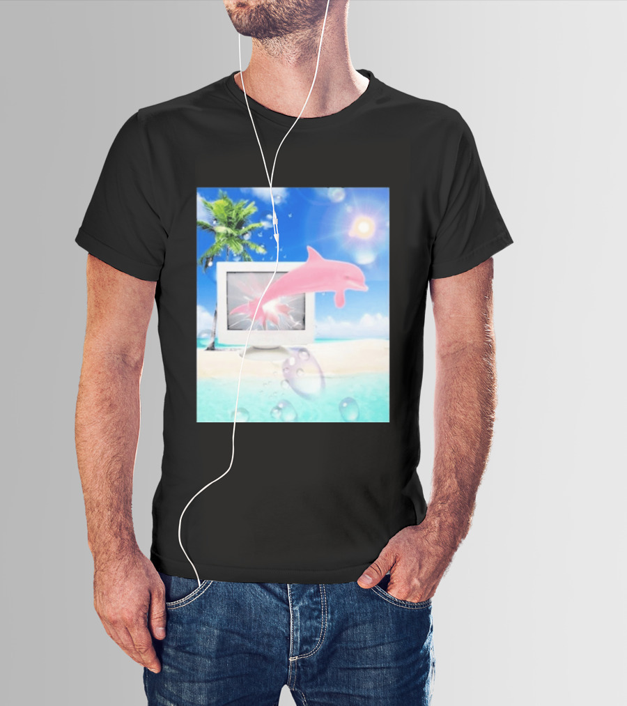 Frutiger Aero Y2k Vaporwave Palm Tree Pink Dolphin Cyberpunk Aesthetic T-Shirt