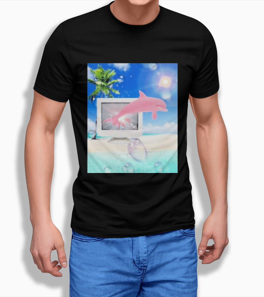 Frutiger Aero Y2k Vaporwave Palm Tree Pink Dolphin Cyberpunk Aesthetic T-Shirt