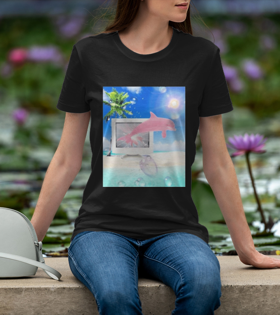Frutiger Aero Y2k Vaporwave Palm Tree Pink Dolphin Cyberpunk Aesthetic T-Shirt