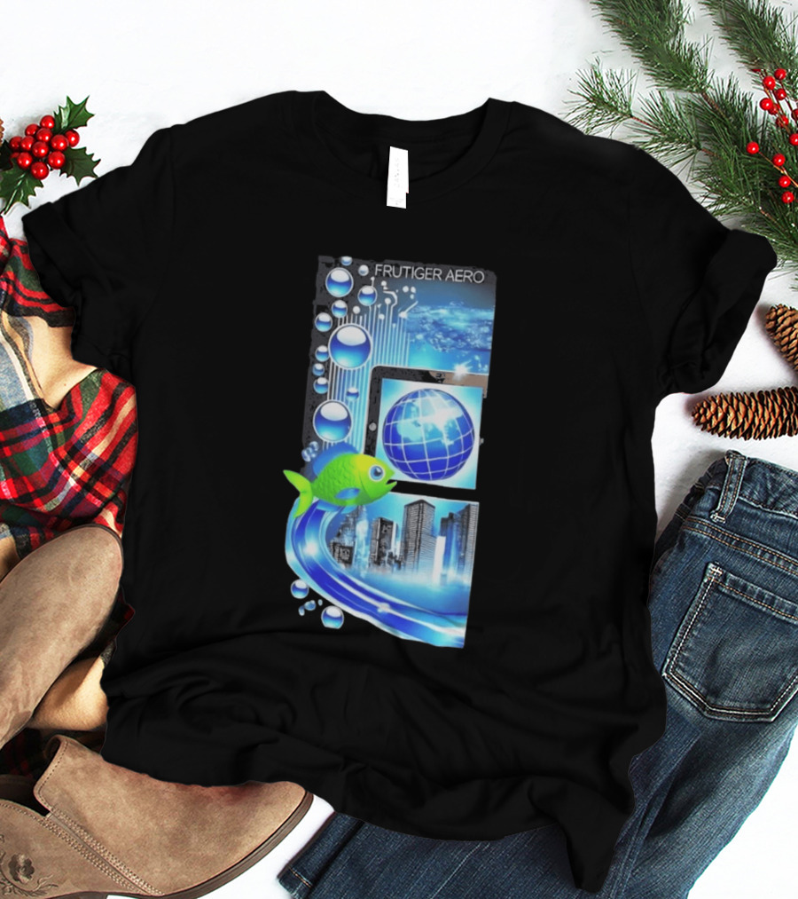 Frutiger Aero Y2K Global Tech Cityscape With Digital Fish And Blue T-Shirt