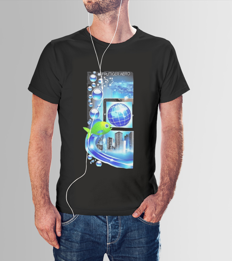 Frutiger Aero Y2K Global Tech Cityscape With Digital Fish And Blue T-Shirt