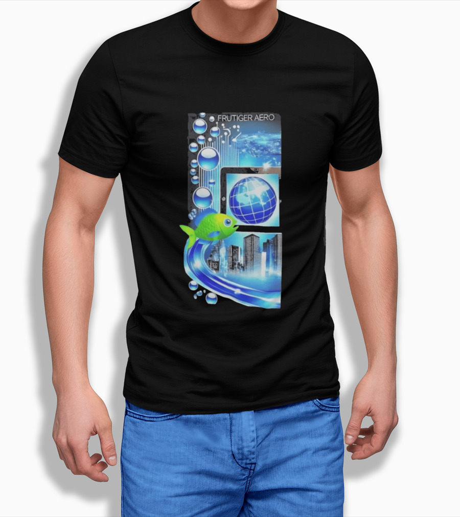 Frutiger Aero Y2K Global Tech Cityscape With Digital Fish And Blue T-Shirt