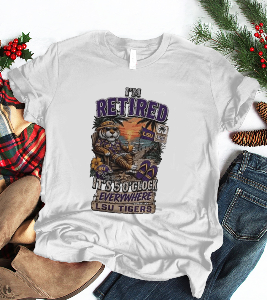 LSU Tigers I'm Retired It's 5 O' Everywhere Beach Relaxation With Palm Trees And Sunset T-Shirt