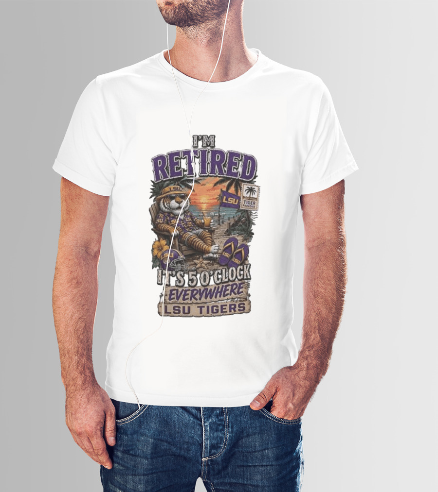 LSU Tigers I'm Retired It's 5 O' Everywhere Beach Relaxation With Palm Trees And Sunset T-Shirt