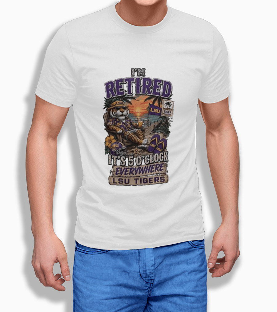LSU Tigers I'm Retired It's 5 O' Everywhere Beach Relaxation With Palm Trees And Sunset T-Shirt