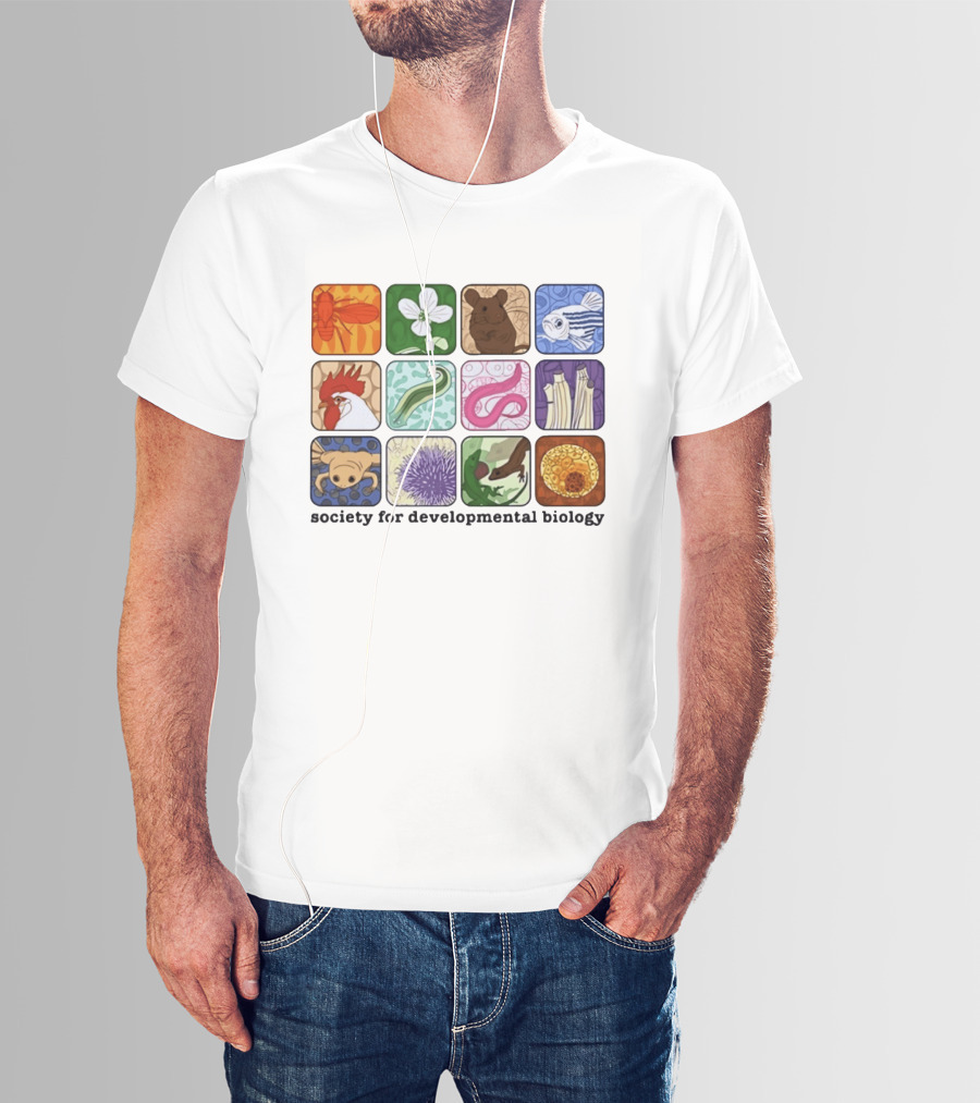 Society For Developmental Biology Model Organisms Collage Fly Plant Mouse Fish Chicken Worm Frog Plant Embryo Egg Cell T-Shirt