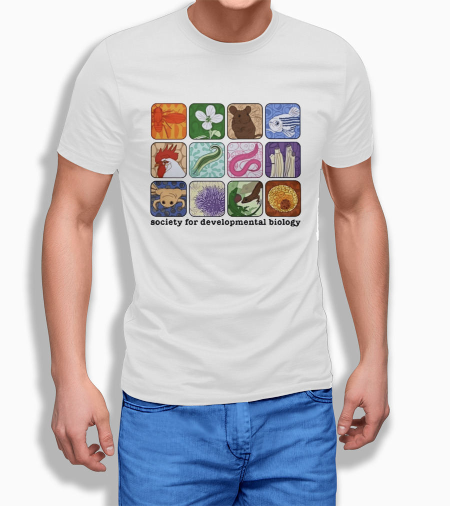 Society For Developmental Biology Model Organisms Collage Fly Plant Mouse Fish Chicken Worm Frog Plant Embryo Egg Cell T-Shirt