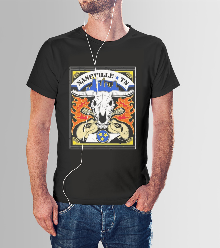 Nashville TN Cow Skull Guitars Flames Skyline Blue Star T-Shirt