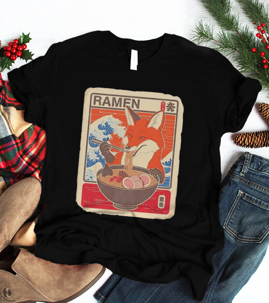 Fox Eating Ramen With Japanese Wave T-Shirt