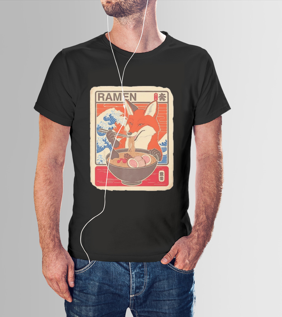 Fox Eating Ramen With Japanese Wave T-Shirt