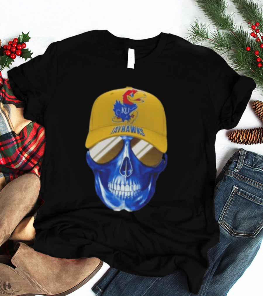 Kansas Jayhawks Skull Cap Fans Wear KU Jayhawks Edition T-Shirt