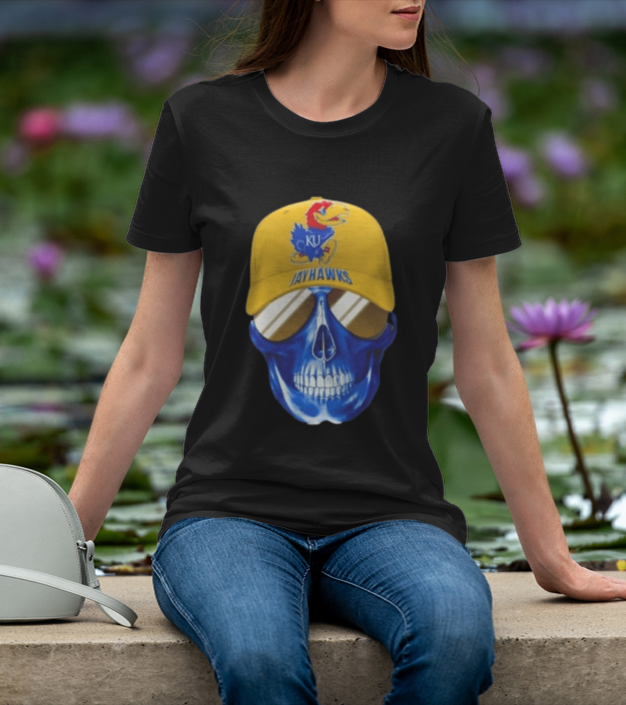 Kansas Jayhawks Skull Cap Fans Wear KU Jayhawks Edition T-Shirt