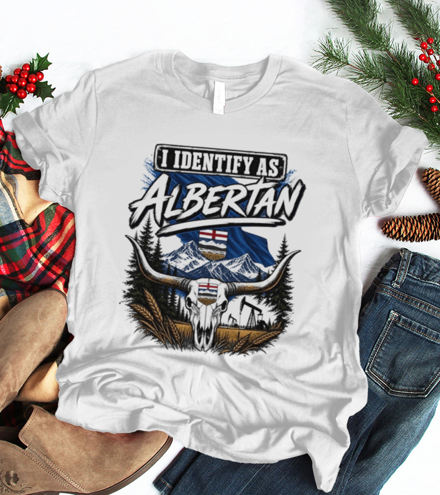 I Identify As Albertan Alberta Flag Longhorn Skull Wheat Forest Scene T-Shirt