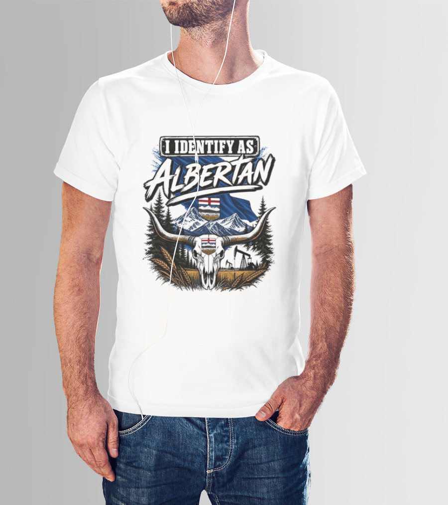 I Identify As Albertan Alberta Flag Longhorn Skull Wheat Forest Scene T-Shirt