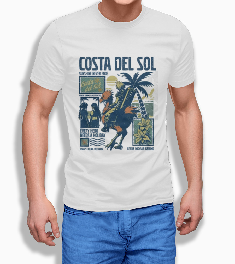Costa Del Sol Final Fantasy Chocobo Beach Scene Palm Trees T-Shirt