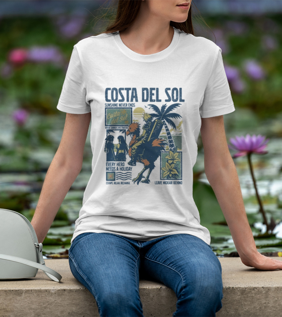 Costa Del Sol Final Fantasy Chocobo Beach Scene Palm Trees T-Shirt