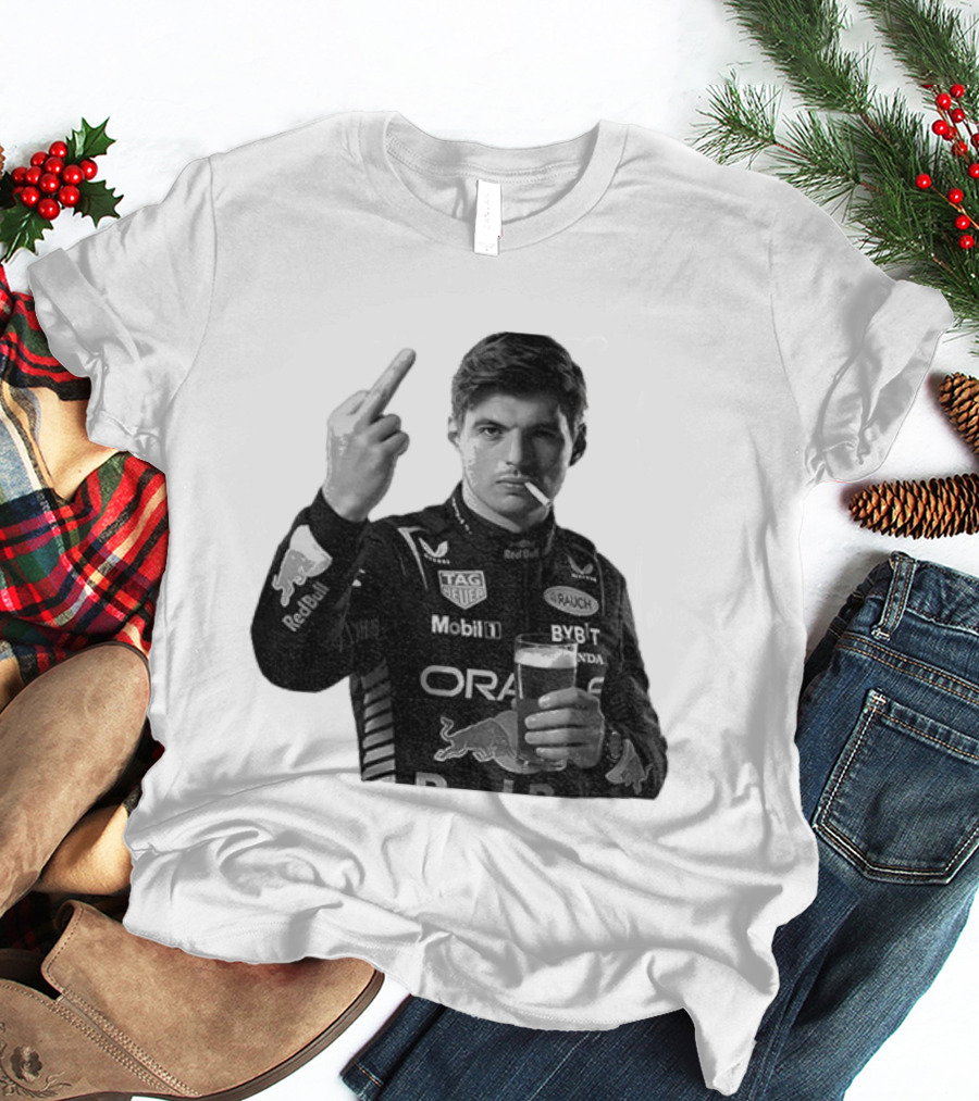 Max Verstappen Red Bull Racing Smoking Beer Middle Finger T-Shirt