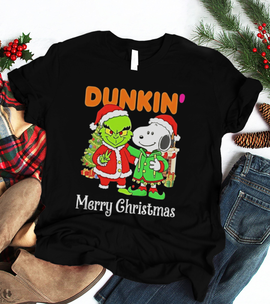 Dunkin Merry Christmas Grinch Snoopy Santas T-Shirt