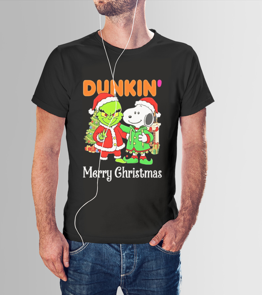 Dunkin Merry Christmas Grinch Snoopy Santas T-Shirt