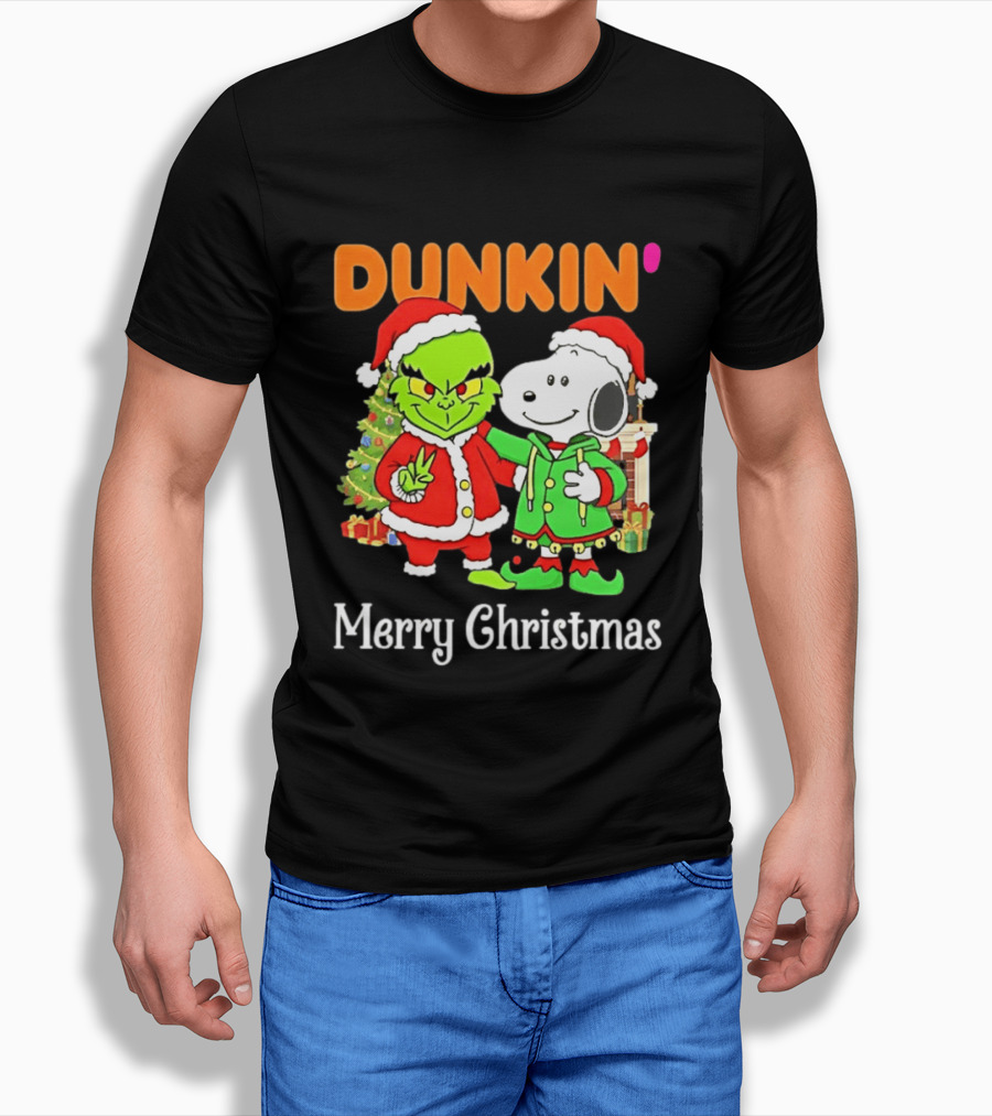 Dunkin Merry Christmas Grinch Snoopy Santas T-Shirt