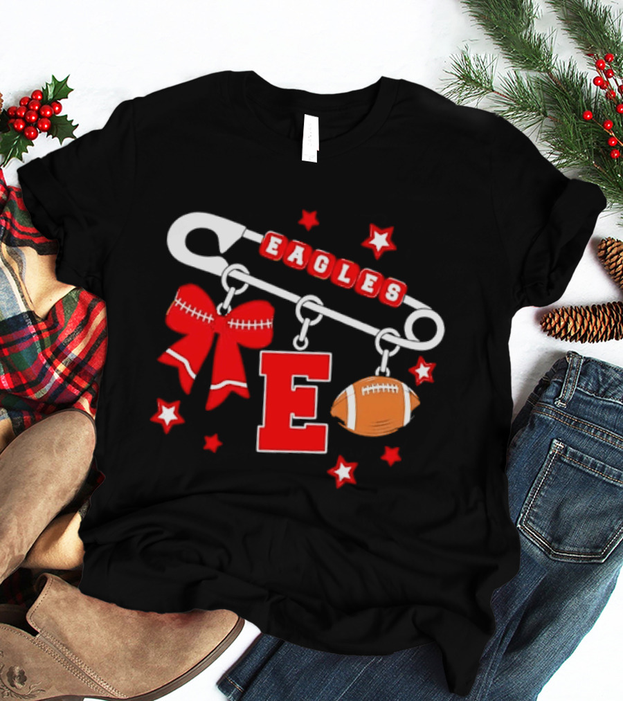 Eagles Safety Pin Charm Football Bow Letter E Stars T-Shirt